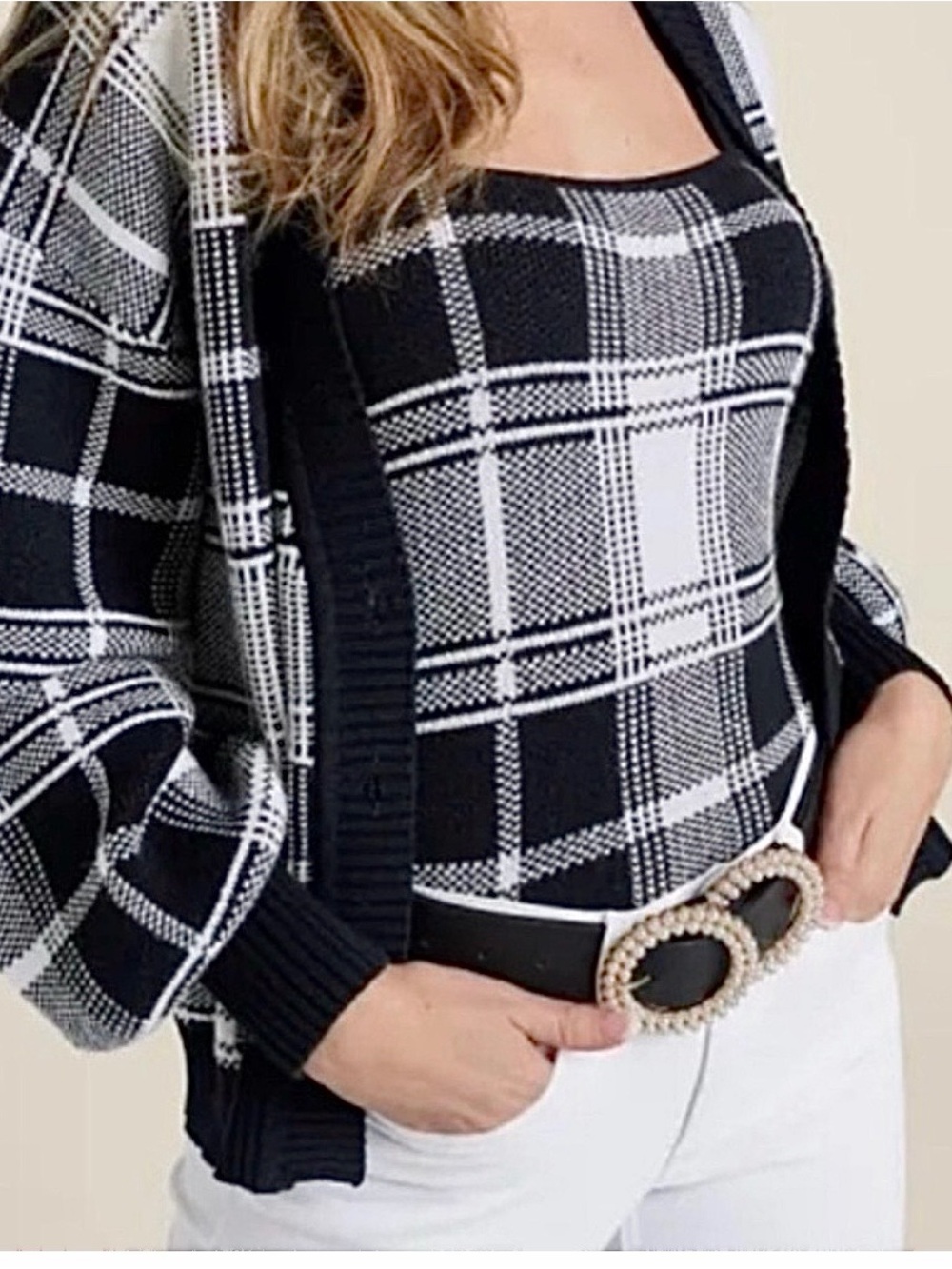 VENUS Black & White Plaid Knit Tank